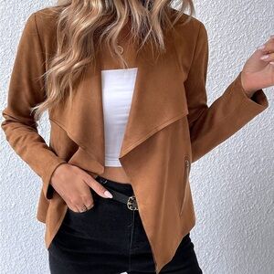 Women's Faux Suede Drape Front Jacket - Camel